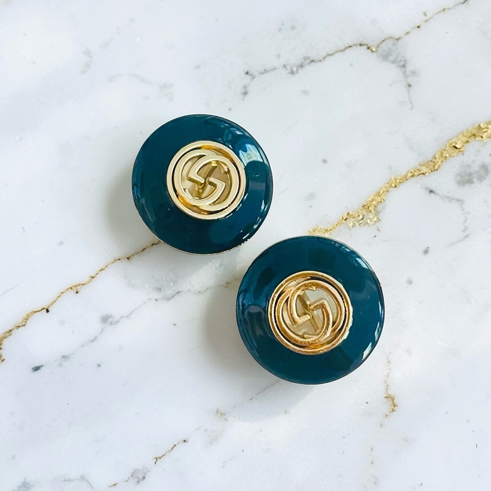Luxury Black/Gold Signature Logo Repurposed Button Earrings 23mm